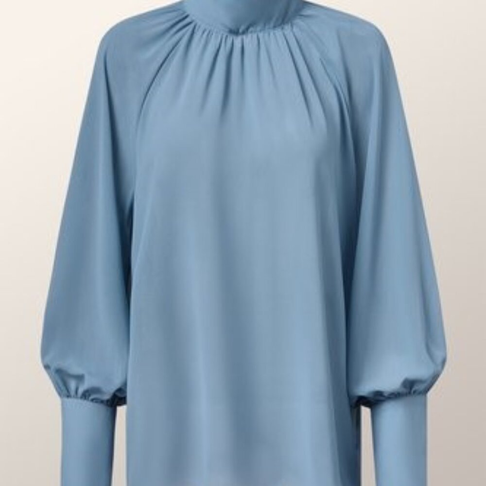 NWT StyleWe FHQ Collection 1X Blue Button Up Mock Neck Balloon Sleeve Blouse